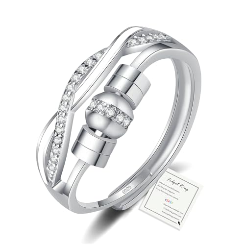 HEEYA Anxiety Ring für Damen Silber 925 Angst Ring mit Zirkonia Offen Verstellbar Anti Stress Ringe mit Perlen Spinner Fidget Ringe Frauen Hypoallergen Stimmungsring gegen Stress Unisex von HEEYA