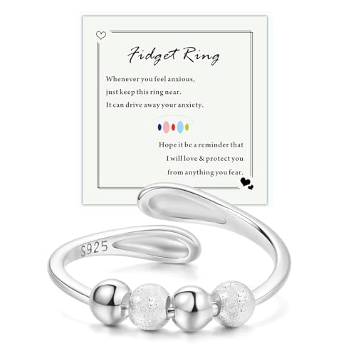 HEEYA Anxiety Ring für Damen Silber 925 Spinner Ring Angst Ringe Offen Verstellbar Anti Stress Ringe mit Perlen Frauen Hypoallergen Stimmungsring Schmuck Geschenk gegen Stress Unisex von HEEYA
