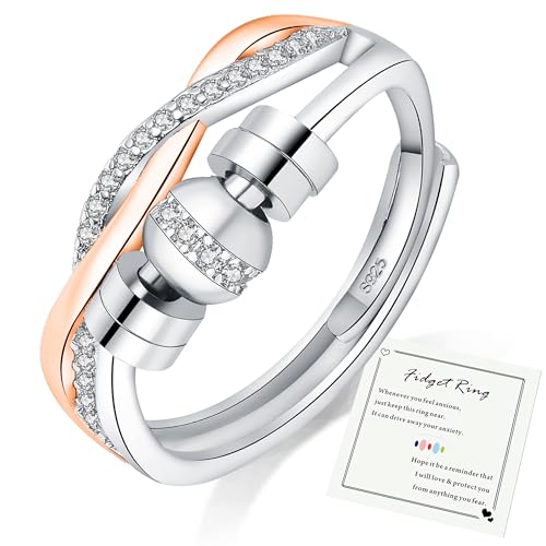 HEEYA Anxiety Ring für Damen Silber 925 Angst Ring mit Zirkonia Rosa Gold Offen Verstellbar Anti Stress Ringe mit Perlen Spinner Fidget Ringe Frauen Hypoallergen Stimmungsring gegen Stress Unisex von HEEYA