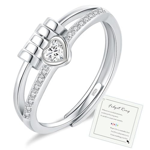 HEEYA Anxiety Ring für Damen Silber 925 Herzring mit Zirkonia Angst Ringe Offen Verstellbar Anti Stress Ring mit Perlen Spinner Fidget Ringe Frauen Hypoallergen Stimmungsring gegen Stress Unisex von HEEYA