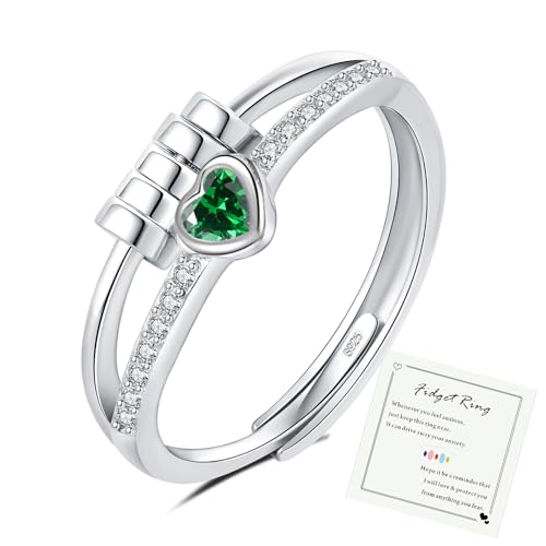 HEEYA Anxiety Ring für Damen Silber 925 Herzring mit Zirkonia Angst Ringe Offen Verstellbar Anti Stress Ring mit Perlen Spinner Fidget Ringe Frauen Hypoallergen Stimmungsring gegen Stress Unisex-Grün von HEEYA