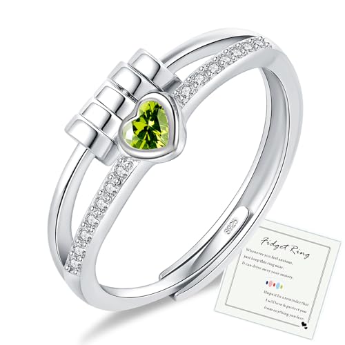 HEEYA Anxiety Ring für Damen Silber 925 Herzring mit Zirkonia Angst Ringe Offen Verstellbar Anti Stress Ring mit Perlen Spinner Fidget Ringe Frauen Hypoallergen Stimmungsring gegen Stress - Olivgrün von HEEYA