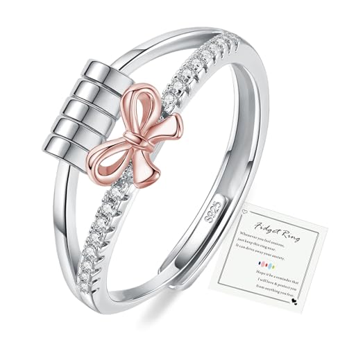 HEEYA Anxiety Ring für Damen Silber 925 Schleifen Angstring mit 5A Zirkonia Verstellbar Anti Stress Ring mit Perlen Spinner Fidget Ringe Frauen Rose Gold Hypoallergen Stimmungsring gegen Stress von HEEYA