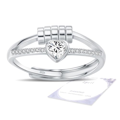 HEEYA Anxiety Ring für Damen Silber Ringe mit Geburtssteinen April Herzring Angst Ringe Offen Verstellbar Anti-stress-ring mit Perlen Spinner Fidget Ring Frauen Hypoallergen Stimmungsring gegen Stress von HEEYA