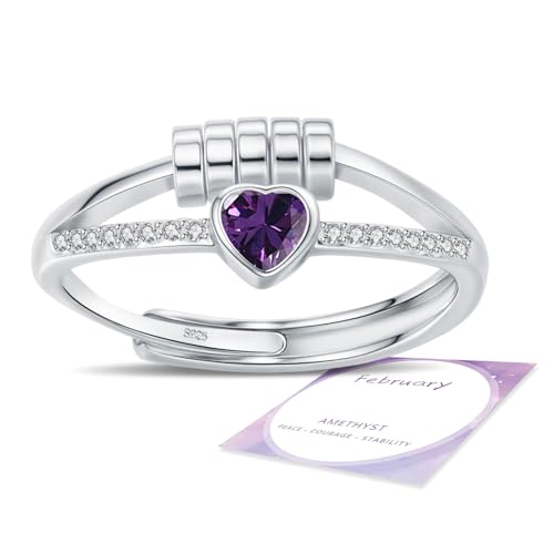 HEEYA Anxiety Ring für Damen Silber Ringe mit Geburtssteinen Februar Herzring Angst Ringe Verstellbar Anti-stress-ring mit Perlen Spinner Fidget Ring Frauen Hypoallergen Stimmungsring gegen Stress von HEEYA