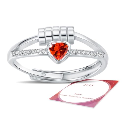 HEEYA Anxiety Ring für Damen Silber Ringe mit Geburtssteinen Juli Herzring Angst Ringe Offen Verstellbar Anti-stress-ring mit Perlen Spinner Fidget Ring Frauen Hypoallergen Stimmungsring gegen Stress von HEEYA