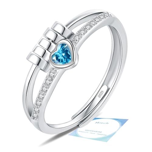 HEEYA Anxiety Ring für Damen Silber Ringe mit Geburtssteinen März Herzring Angst Ringe Offen Verstellbar Anti-stress-ring mit Perlen Spinner Fidget Ring Frauen Hypoallergen Stimmungsring gegen Stress von HEEYA