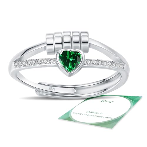 HEEYA Anxiety Ring für Damen Silber Ringe mit Geburtssteinen Mai Herzring Angst Ringe Offen Verstellbar Anti-stress-ring mit Perlen Spinner Fidget Ring Frauen Hypoallergen Stimmungsring gegen Stress von HEEYA