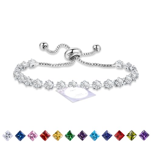 HEEYA Armband Damen Tennisarmband mit Glitzer Geburtsstein Zirkonia in 12 Farben Verstellbares Armband Sterling Silber Geburtstag Weihnachten Geschenk für Frauen Mädchen von HEEYA
