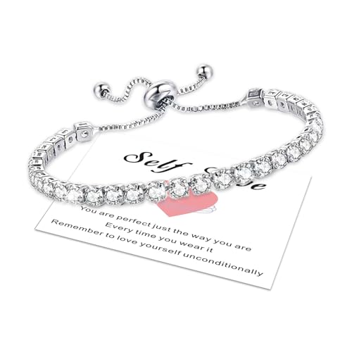 HEEYA Armband Damen Silber Armbänder Tennisarmband mit Glitzer 5A Zirkonia Kristall Verstellbare Armbänder für Frauen mit Karte Geschenk mit Box für Freundin Mutter Ehefrau von HEEYA
