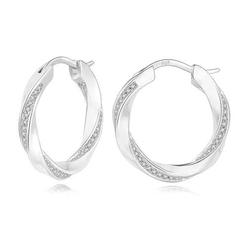 HEEYA Sterling Silber 925 Plattiert Damen 18K Vergoldet Twisted Creolen Ohrringe Mit AAAAA Zirkonia Hypoallergen für Frauen Silber/Rose Gold/Gold/Blau/Weiß/Schwarz/Rot 22MM von HEEYA