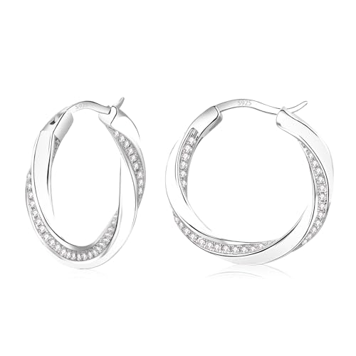 HEEYA Sterling Silber 925 Plattiert Damen 18K Vergoldet Twisted Creolen Ohrringe Mit AAAAA Zirkonia Hypoallergen für Frauen Silber/Rose Gold/Gold/Blau/Weiß/Schwarz/Rot 22MM von HEEYA