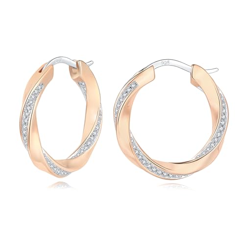 HEEYA Sterling Silber 925 Plattiert Damen Creolen Ohrringe - 18K Vergoldet Twisted Mit AAAAA Zirkonia, Hypoallergen für Frauen - Silber/Rose Gold/Gold/Blau/Weiß/Schwarz/Rot 22MM von HEEYA
