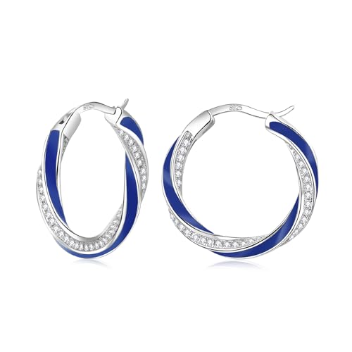 HEEYA Sterling Silber 925 Plattiert Damen Creolen Ohrringe - 18K Vergoldet Twisted Mit AAAAA Zirkonia Hypoallergen für Frauen - Silber/Rose Gold/Gold/Blau/Weiß/Schwarz/Rot 22MM von HEEYA