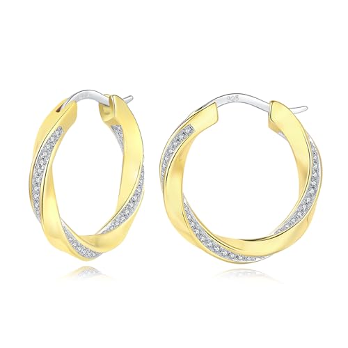 HEEYA Sterling Silber 925 Plattiert Damen 18K Vergoldet Creolen Ohrringe Mit AAAAA Zirkonia Hypoallergen für Frauen - Silber/Rose Gold/Gold/Blau/Weiß/Schwarz/Rot 22MM von HEEYA