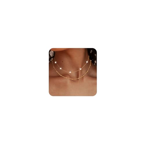 HEEYA Halskette Damen Gold 14K Vergoldet Verstellbares 2 in 1 Stapelbare Layering Ketten mit Cubic Zirkonia Blumen Halsketten Vierblättriges Kleeblatt Silber Kette für Frauen Mädchen von HEEYA