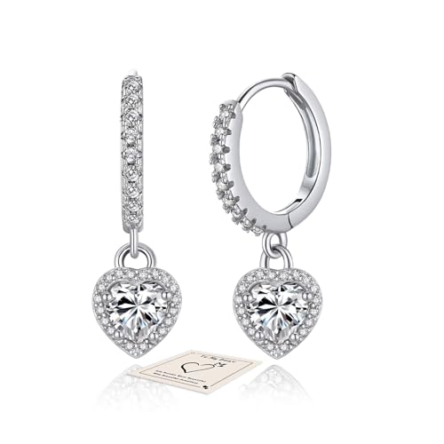 HEEYA Ohrringe Silber 925 Plattiert Herz Hängend Ohrringe Damen Klein Creolen mit Glitzer Zirkonia Hypoallergen Mini Creolen für Frauen von HEEYA