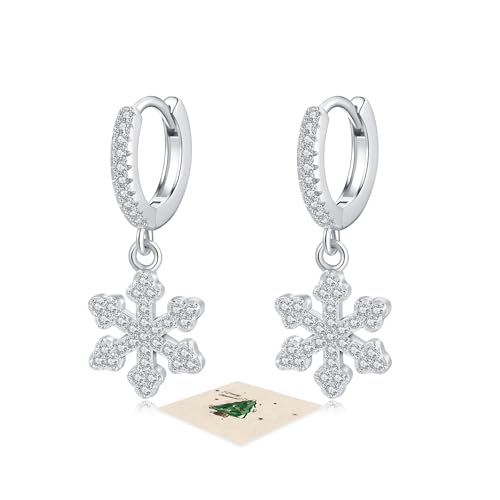 HEEYA Ohrringe Silber 925 Plattiert Schneeflocken Hängend Ohrringe Damen Klein Creolen mit Glitzer Zirkonia Hypoallergen Mini Creolen für Frauen von HEEYA