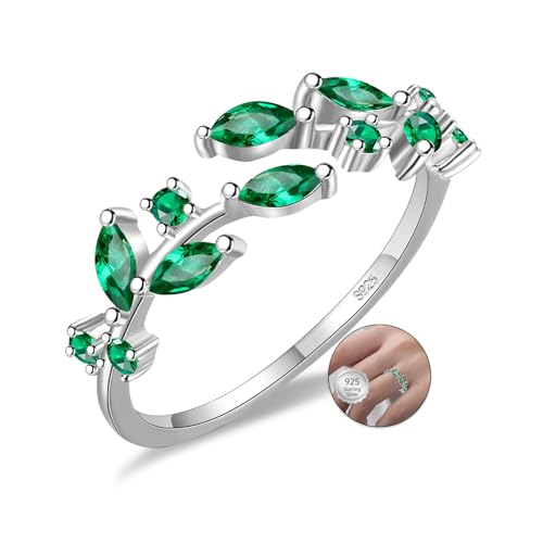 HEEYA Ring Sterling Silber 925 Ringe für Damen Blatt Zweig Ring mit 5A Grün Zirkonia Offen Verstellbare Fingerring Hypoallergen Daumenringe Unisex Schmuck mit Geschenkbox von HEEYA