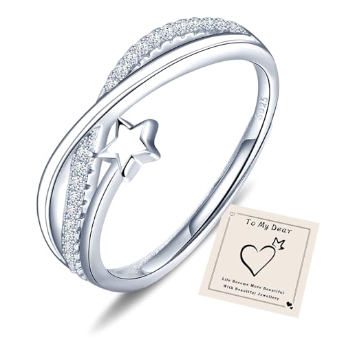 HEEYA Ring für Damen Sternring Silber 925 Plattiert Ringe mit Stern Zirkonia Offen Verstellbare Fingerring Hypoallergen Daumenringe Unisex Schmuck mit Geschenkbox - Weiß von HEEYA
