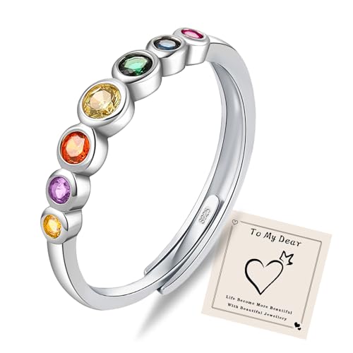 HEEYA Ringe Silber Rainbow Ringe für Damen mit bunten Steinen Stapeln Daumenring Offen Verstellbarer Eternity Ring für Frauen Eheringe Regenbogenring Schmuck Geschenk von HEEYA