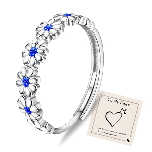 HEEYA Ringe Silber für Damen Gänseblümchen Ring Blumen Ring Silber Stapeln Daumenring Verstellbarer mit 5A blau Cubic Zirkonia Fingerring für Mädchen Frauen Schmuck Geschenk von HEEYA