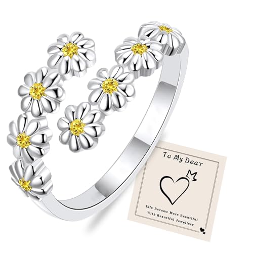 HEEYA Ringe Silber für Damen Gänseblümchen Offen Verstellbarer Ring Blumenring Zierlicher Stapeln Daumenring mit 5A Gelb Cubic Zirkonia Daumen Fingerring für Mädchen Frauen Schmuck Geschenk von HEEYA