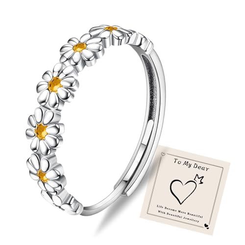 HEEYA Ringe Silber für Damen Gänseblümchen Ring Blumen Ring Silber Stapeln Daumenring Verstellbarer mit Gelb 5A Cubic Zirkonia Fingerring für Mädchen Frauen Schmuck Geschenk von HEEYA