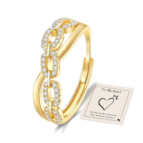 HEEYA Ringe Silber für Damen Verstellbarer Ringe 14K Vergoldet Quadratisches Kettenblatt mit 5A Zirkonia Ring Ewigkeit Verlobungsring Verdrehtes Seil Eheringe Promise Ring für Frauen mit Geschenkbox von HEEYA