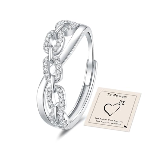 HEEYA Ringe Silber für Damen Verstellbarer Edelstahl Ringe Quadratisches Kettenblatt mit 5A Zirkonia Ring Ewigkeit Verlobungsring Verdrehtes Seil Eheringe Promise Ring für Frauen mit Geschenkbox von HEEYA
