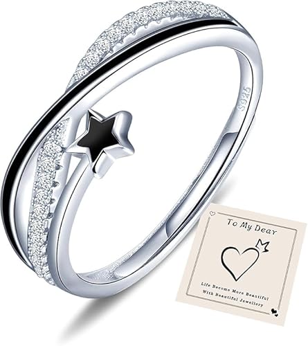 HEEYA Ringe für Damen Sternring Silber 925 Plattiert Ringe mit Stern Zirkonia Offen Verstellbare Fingerring Hypoallergen Daumenringe Unisex Schmuck mit Geschenkbox - Schwarz von HEEYA