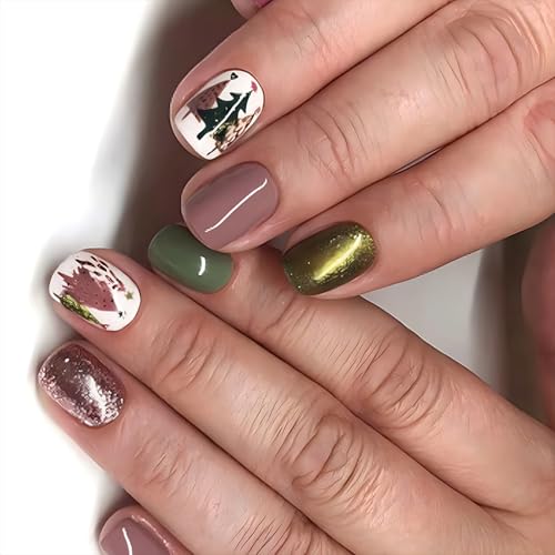 24 PCs Kurze Falsche Nägel Vollbezüge Kleben Auf Nägeln Mit Weihnachtsbaum Designs Weihnachtspresse Nägeln Für Frauen Mädchen von HEEZOU