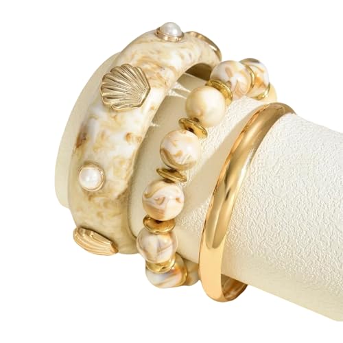 HEEZOU Set mit 3 stapelbaren Armreifen mit Meeresanhänger, mit Muschelakzent, bequemer Kunstharz-Schmuck für den täglichen Gebrauch, zeitgenössisches Küsten-Statement, Einheitsgröße, Wie beschrieben von HEEZOU