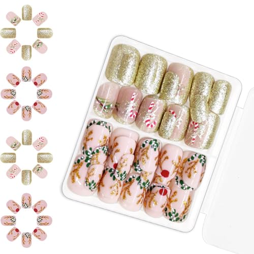 Künstliche Nägel, kurz, quadratisch, Weihnachten, zum Aufdrücken, Zuckerstange, künstliche Nägel, Elche, zum Aufkleben, für Damen, 48 Stück von HEEZOU