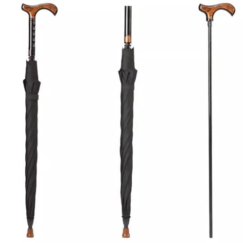 HEFJIAYCIQ 2-In-1 Stadttauglicher Spazierstock Regenschirm, Verschleißfest Winddicht Männer Frauen Krücke Sonnenschirme, Multifunktionaler Gerader Stab Mit Langem Stiel,Schwarz,86cm/33.8inch von HEFJIAYCIQ