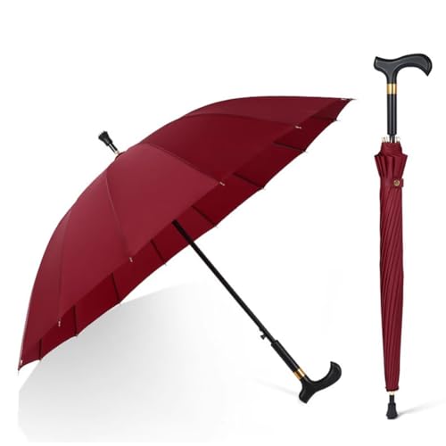 HEFJIAYCIQ Multifunktions-Gehstock-Regenschirm, Leichter Verschleißfester Aluminium-Stab, Rutschfester Klettertourismus Langer Handgriff Krücke Regenschirm,Rot,86cm/33inch von HEFJIAYCIQ