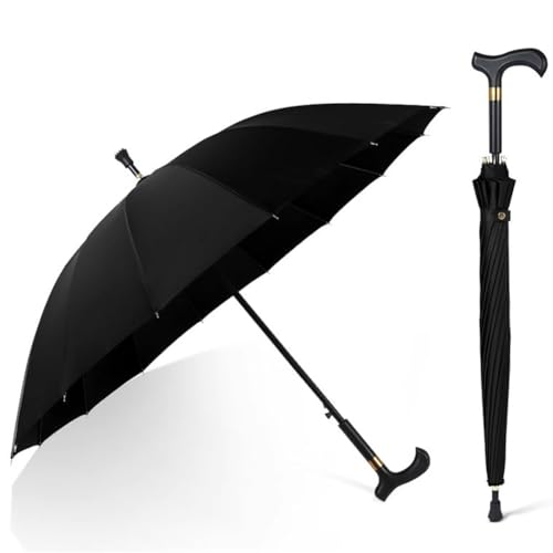 HEFJIAYCIQ Multifunktions-Gehstock-Regenschirm, Leichter Verschleißfester Aluminium-Stab, Rutschfester Klettertourismus Langer Handgriff Krücke Regenschirm,Schwarz,86cm/33inch von HEFJIAYCIQ