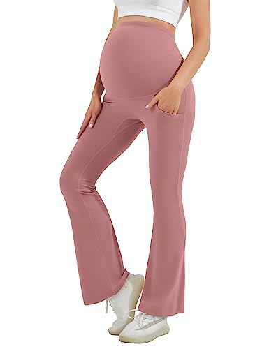 HEGALY Damen Umstands-Leggings über dem Bauch – lässige Schwangerschafts-Yogahose mit Taschen, butterweich, Grau/Pink, Groß von HEGALY