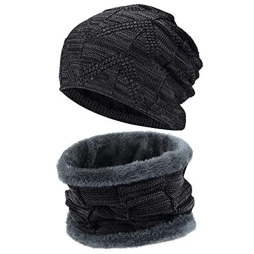 HEGCOIIE Winter Warme Beanie Mütze Schal Set für Herren Damen,Unisex Wintermütze Strickmütze und Loop Schal Halswärmer Dicke Fleece Fütterung (Schwarz) von HEGCOIIE