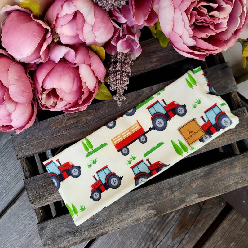 Traktor Bulldog Fahrzeuge Stirnband Kinderstirnband Knotenstirnband Haarband Haarreif Hell Grün Rot Bauernhof Tiere Tiermotiv von HEIMATGFAI