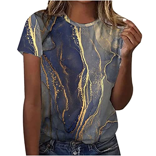 2024 T Shirt Damen Sommer Rundhals Kurzarm Bluse Marmor Druck Shirt Elegant Tunika Tops Festlich Oberteile Basic T-Shirt Ausgefallene Tshirts Lässig Sommershirt Sommerbluse Y2k Streetwear Marine XXL von HEITUI