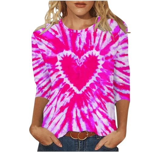 Bluse Damen Elegant T-Shirt 3/4 Arm Oberteile Tops Bunte Tie Dye Tunika Shirt Lose Rundhals Sommershirts Mode Damenblusen Batik Bluse Tshirt Lässige Hemd Fasching Karneval Kostüme 2024 Pink L von HEITUI