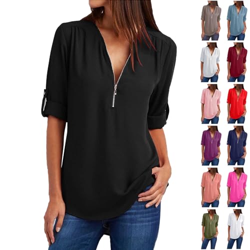 Blusen Damen Chiffon Bluse Oberteile Reißverschluss V-Ausschnitt Langarmshirt Elegante Tunika Shirt Tops Leicht Atmungsaktiv Chiffonbluse Festlich Hemdbluse 2024 Business Freizeit Damenbluse Schwarz S von HEITUI