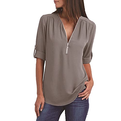 Blusen Damen Chiffon Bluse Oberteile Reißverschluss V-Ausschnitt Langarmshirts Elegante Tunika Shirt Tops Leicht Atmungsaktiv Chiffonbluse Festlich Hemdbluse 2024 Business Freizeit Damenbluse Grau XL von HEITUI