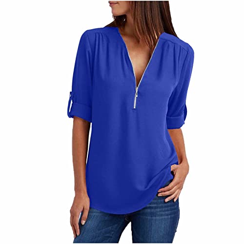 Blusen Damen Chiffon Bluse Oberteile Zipper V-Ausschnitt Langarmshirts Elegante Tunika Shirt Tops Leicht Atmungsaktiv Chiffonbluse Festlich Hemdbluse 2024 Business Freizeit Damenbluse Dunkelblau 3XL von HEITUI