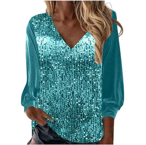 Festlich Bluse Damen Silvester Outfit Pailletten Oberteil Glitzer Shirt Elegant Langarm Tunika V-Ausschnitt Blusenshirt Frühling Pullover Langarmshirt Party Tops Locker Casual Streetwear Himmelblau XL von HEITUI