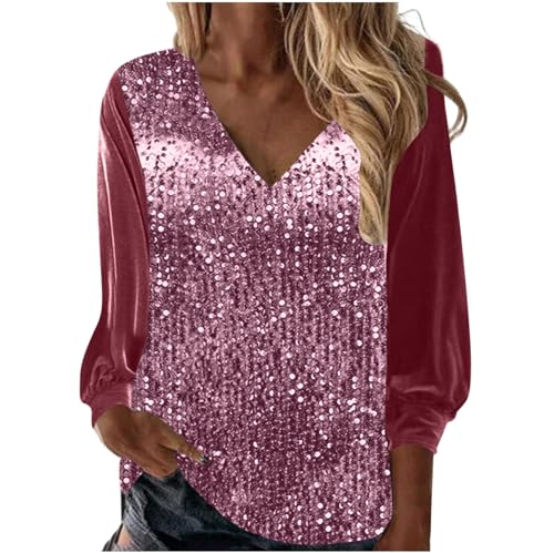 Festliche Bluse Damen Silvester Outfit Pailletten Oberteil Glitzer Shirt Elegant Langarm Tunika V-Ausschnitt Blusenshirt Frühling Pullover Langarmshirt Party Tops Locker Casual Streetwear Rosa XL von HEITUI