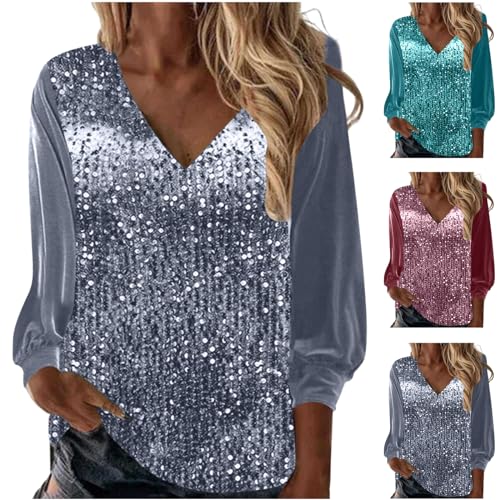 Festliche Bluse Damen Silvester Outfit Pailletten Oberteil Glitzer Shirt Elegant Langarm Tunika V-Ausschnitt Blusenshirt Frühling Pullover Langarmshirt Party Tops Locker Casual Streetwear Silber 3XL von HEITUI