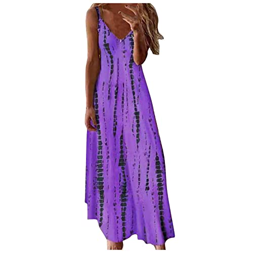 HEITUI Sommerkleid Damen Leicht Strandkleider Große Größen Trägerkleid Damen Sommer Freizeitkleid Damen Große Größen Maxikleid Damen Sommer Spaghettiträger Kleid Blumen Damenkleider Elegant Violett M von HEITUI