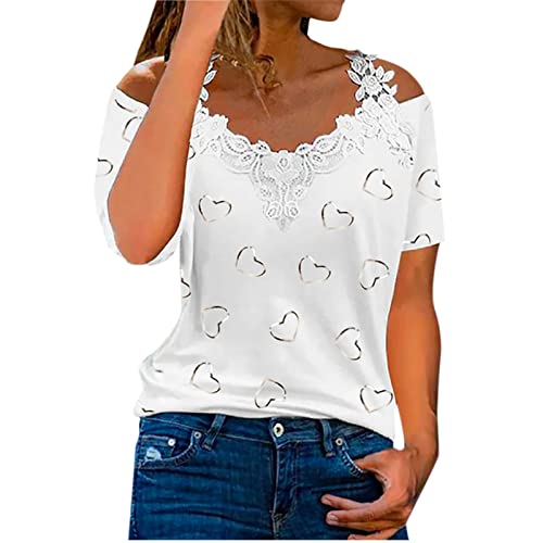 HEITUI Tshirt Damen Kurzarm Sommer Tunika Bluse Oberteile Loose Longbluse Schulterfreies Blusenshirt Hemdbluse Rockabilly Sommerblusen Sommermode Tops Hochzeit Strandtunika Trachtenbluse Weiß L von HEITUI